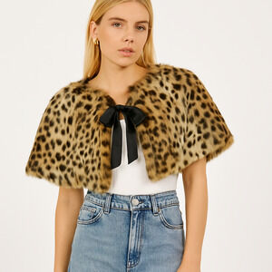 Runway NY Womens Faux Fur Leopard Print Cropped Capelet Shawl Y2K Fall Glam